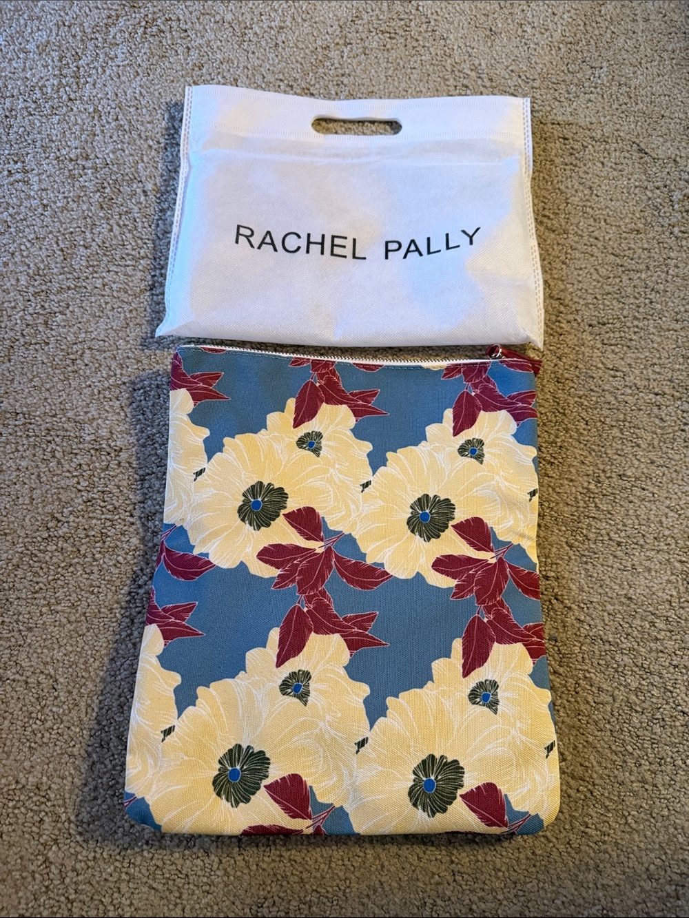 Rachel Pally Blue Floral Zip Pouch with Yellow & Burgundy Accents